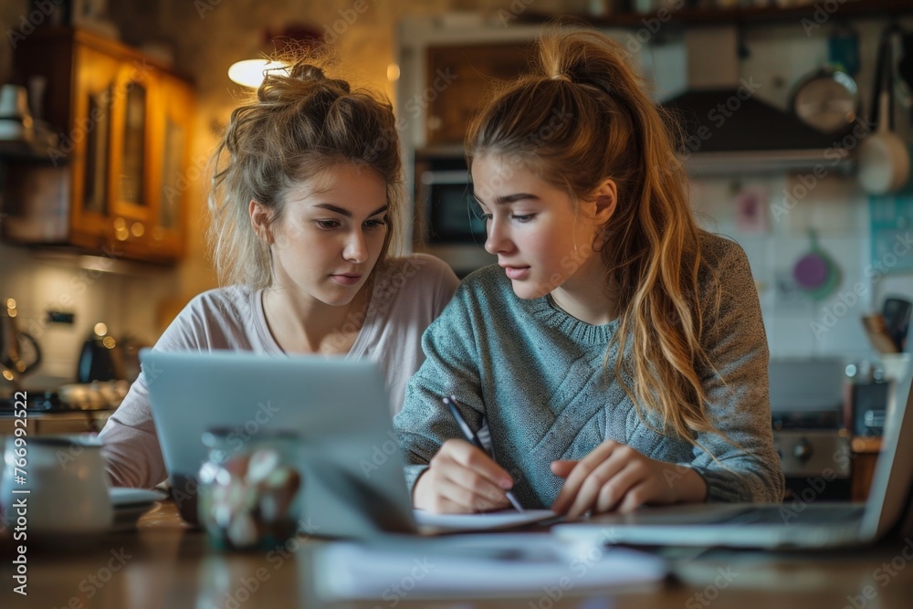 Two young women working on a laptop together at a kitchen table in a cozy home environment