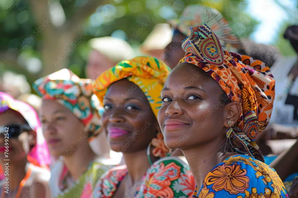 Colorful African Headwraps and Traditional Attire at Outdoor Event