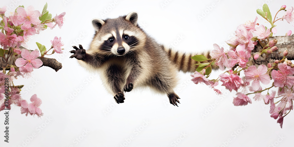 Cute raccoon jumping on a white background with pink cherry blossom branches. Cute raccoon jumping on a white background with pink cherry blossom branches.