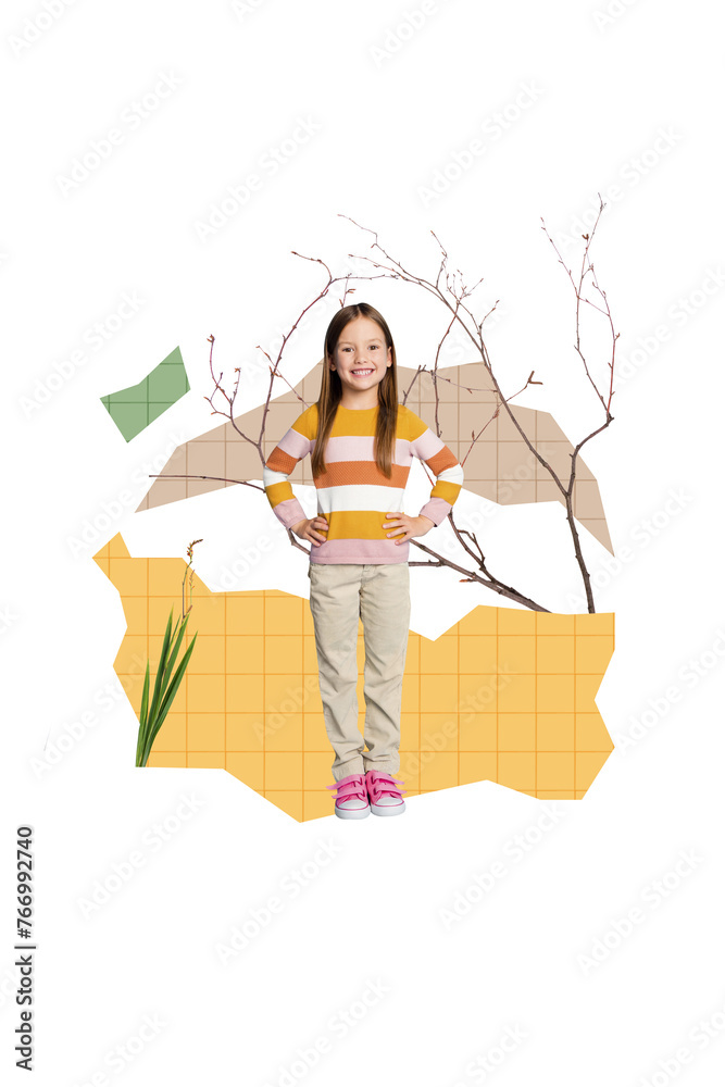 Vertical template collage of funny little cute schoolgirl posing outdoors plants trees have fun sale season isolated on beige background Vertical template collage of funny little cute schoolgirl posing outdoors plants trees have fun sale season isolated on beige background