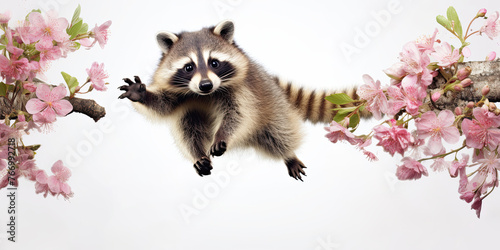 Cute raccoon jumping on a white background with pink cherry blossom branches.