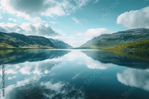 A serene mountain lake with a reflection of the sky, 8k, realistic, full ultra HD, high resolution, cinematic © Sardar