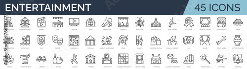 Set of 45 outline icons related to entertainment. Linear icon collection. Editable stroke. Vector illustration