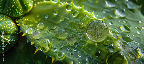 A macro photograph of water droplets on a terrestrial plant, showing its intricate details and the moisture it holds. photo