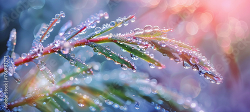 A macro photograph of water droplets on a terrestrial plant, showing its intricate details and the moisture it holds. photo