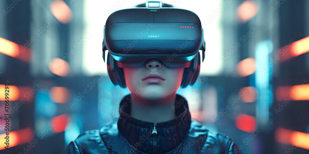 custom made wallpaper toronto digitalA teenager wearing VR headset, playing with his goggles, ready for a game in a futuristic cyber world - Virtual reality, innovation and new technology abstract concept