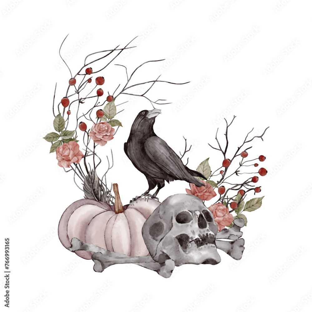 Fototapeta premium Halloween illustration with skulls and crows