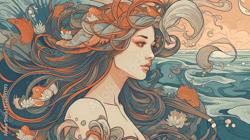 art nouveau girl with waves