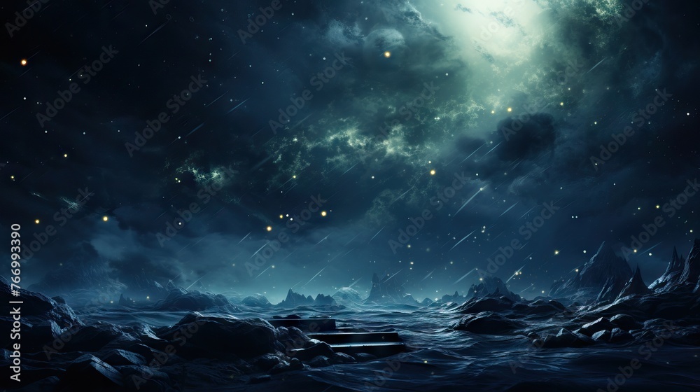 Dark, moody digital art of a meteor shower in a starry sky above a jagged, alien landscape Dark, moody digital art of a meteor shower in a starry sky above a jagged, alien landscape