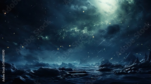 Dark, moody digital art of a meteor shower in a starry sky above a jagged, alien landscape