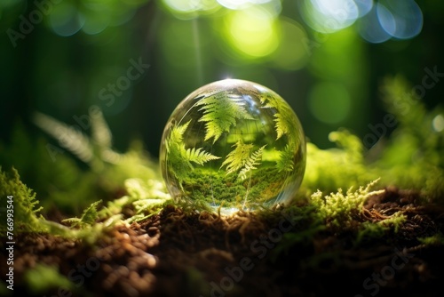 Crystal Earth On Soil In Forest With Ferns And Sunlight - The Environment - Earth Day Concept - generative ai