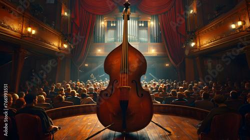Double bass in the middle of the performance hall There's a light shining on