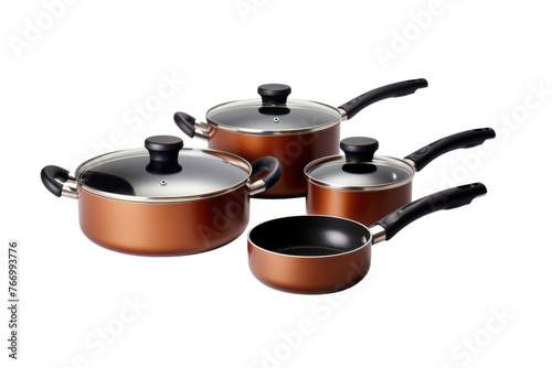 Set of Four Pots and Pans on White Background. On a Clear PNG or White Background.