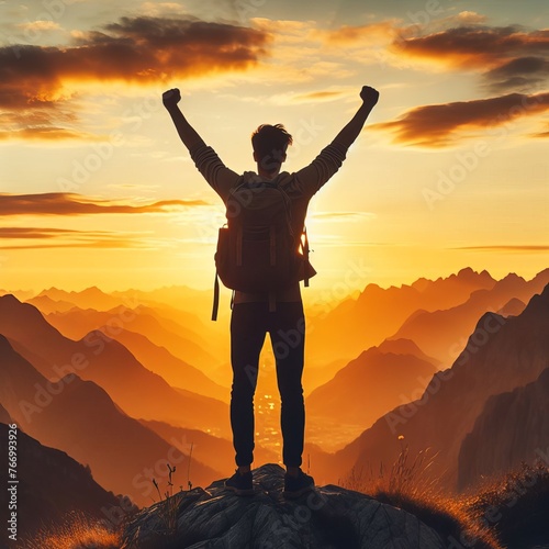 As the sun dips below the horizon, a hiker on a mountain peak exults in success, silhouetted against the fading light. The sunset paints a dramatic backdrop to this moment of personal achievement. AI photo