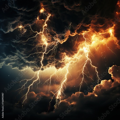 Dramatic depiction of a powerful lightning storm with vibrant, fiery colors