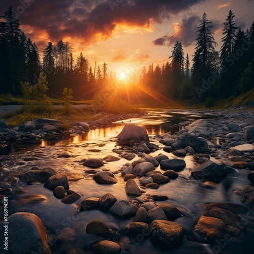 forest river with stones on shores at sunset. Natural Landscape 