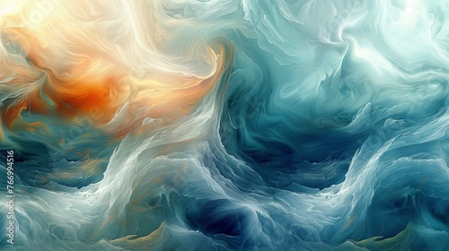 Dynamic waves of blue, orange, and white colors intertwine in an abstract painting, creating a sense of movement and energy photo