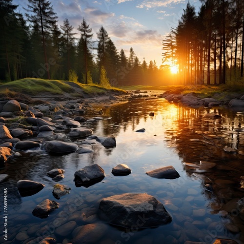 forest river with stones on shores at sunset. Natural Landscape  © CREATIVE STOCK