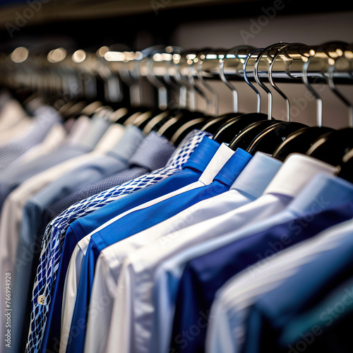 A rack of clothes with blue and white shirts hanging on it. The clothes are neatly folded and organized