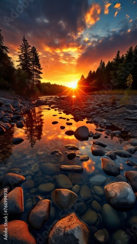 forest river with stones on shores at sunset. Natural Landscape 