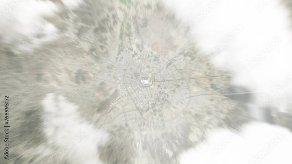 Earth zoom in from space to Medina, Saudi Arabia. Followed by zoom out through clouds and atmosphere into space. Satellite view. Travel intro. Images from NASA