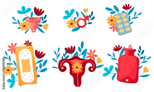 A set of uterus, pads, menstrual cup, pills with flowers. The concept of a woman's regular menstrual cycle. Menstrual period, menstruation, premenstrual syndrome, vector illustration of ovaries