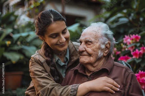 Woman Hugging Elderly Man in Garden