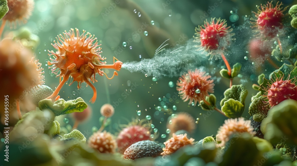 Develop a 3D animation showing bacteria characters and toothbrush bristles in an epic battle, highlighting the fight against plaque and decay with daily brushing, vibrant color Develop a 3D animation showing bacteria characters and toothbrush bristles in an epic battle, highlighting the fight against plaque and decay with daily brushing, vibrant color