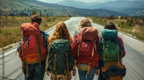 A dynamic group of young trekkers carrying backpacks walking on a scenic country road together photo