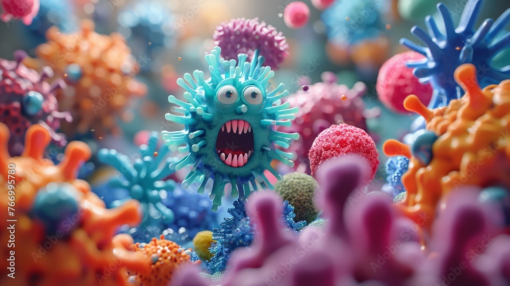 Develop a 3D animation showing a close-up battle between good bacteria characters and bad bacteria characters, educating on the balance of oral microbiome, vibrant color - obrazy, fototapety, plakaty 