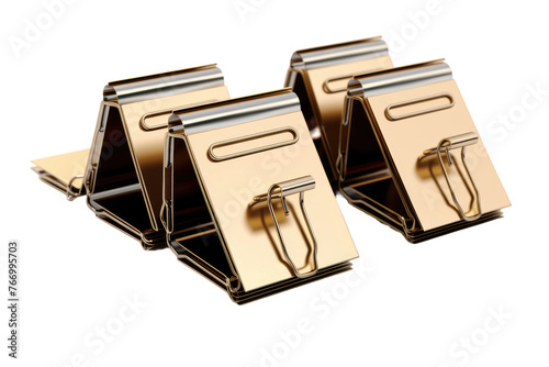 Set of Three Gold Colored Paper Clips. On a Clear PNG or White Background.