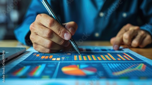 Businessman draw growth graph and progress of business and analyzing financial and investment data ,business planning and strategy on blue background. photo