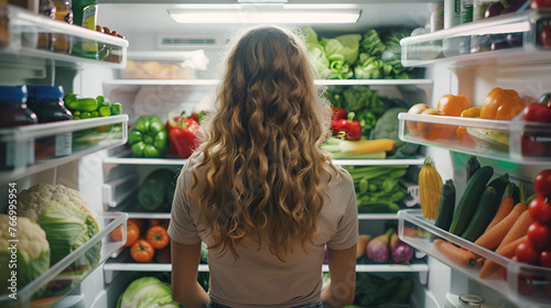 View from the back of Beautiful Young Woman Opens Fridge Door, Looks inside Takes out Vegetables. Woman Preparing Healthy, Generative AI 