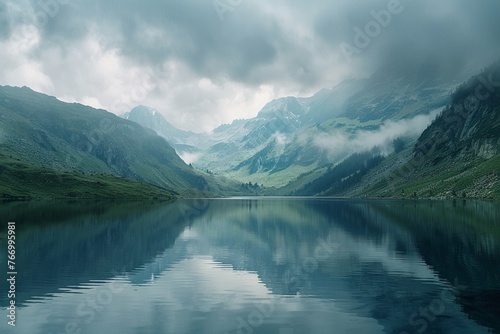 A serene mountain lake with a reflection of the sky, 8k, realistic, full ultra HD, high resolution, cinematic © Sardar