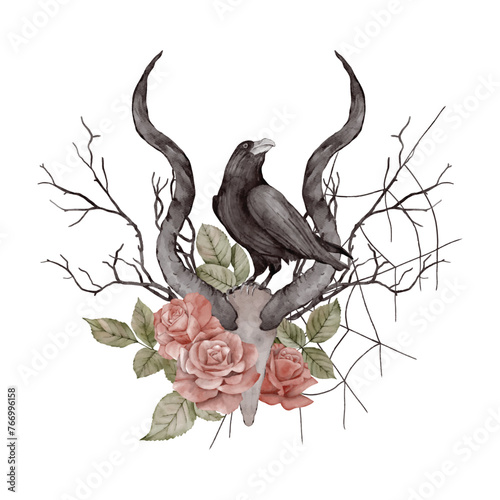 Halloween illustration with skulls and crows