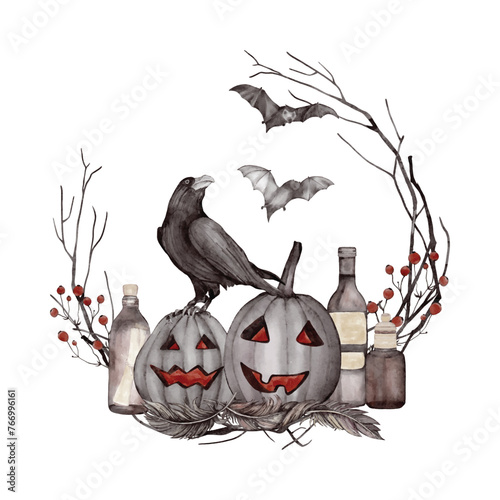 Halloween illustration with skulls and crows