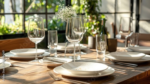 A beautifully arranged dining table set with wine glasses and plates. 