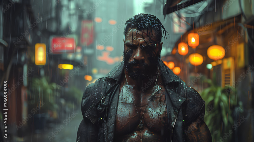 A rugged, tattooed man stands drenched in the rain, deep in thought amidst the neon glow of a city night