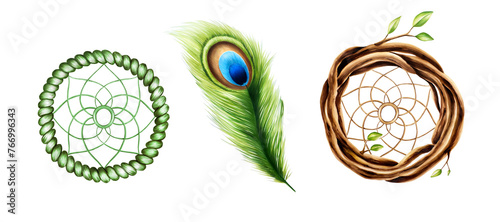 Marker illustration of ethnic wooden dream catcher pendant, wreath of twigs with spring leaves and peacock feather in watercolor style. Hand painted holder isolated on white background. Clip art for