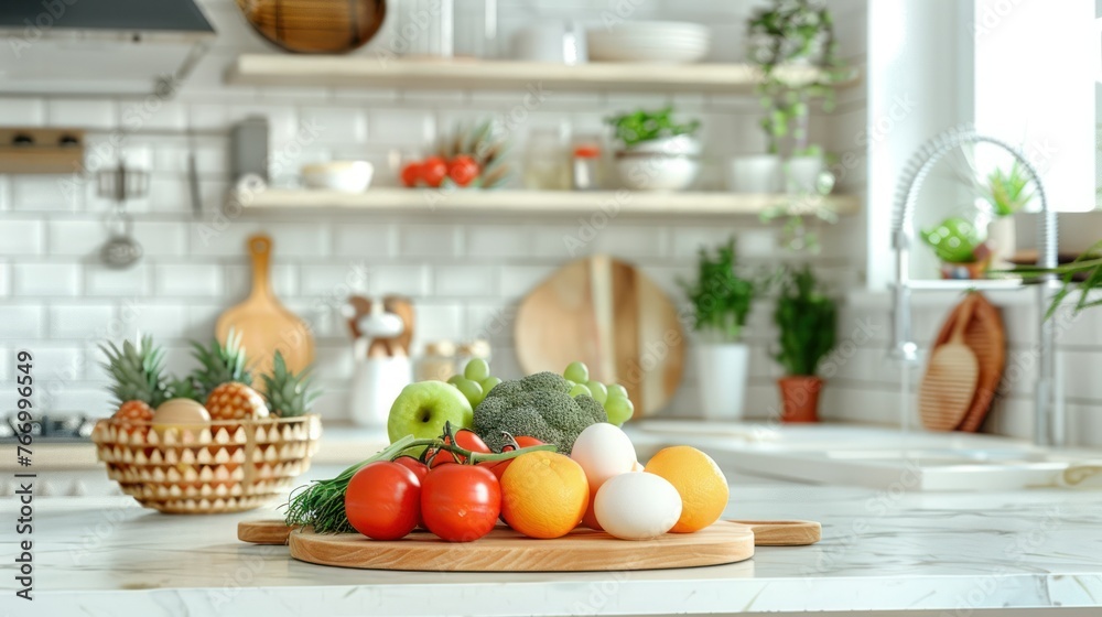 Arranged fruits vegetables and eggs on white table in kitchen healthy vegetarian food background and banner Arranged fruits vegetables and eggs on white table in kitchen healthy vegetarian food background and banner