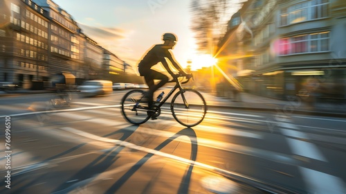 Cyclist riding in the city during rush hour. The motion blur of the cars and cyclist create a dynamic and vibrant image.
