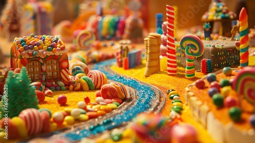 A close-up of a colorful and whimsical candy land. The image features a variety of lollipops, gumdrops, and other candies.