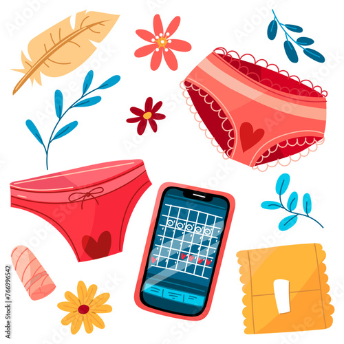 Set of uterus, pads, menstrual cup, pills, phone, panties, calendar with flowers. Concept of a woman's regular menstrual cycle. Menstrual period, menstruation, premenstrual syndrome, vector