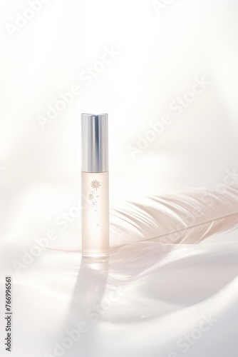 Ethereal cosmetic serum bottle with a delicate feather backdrop
