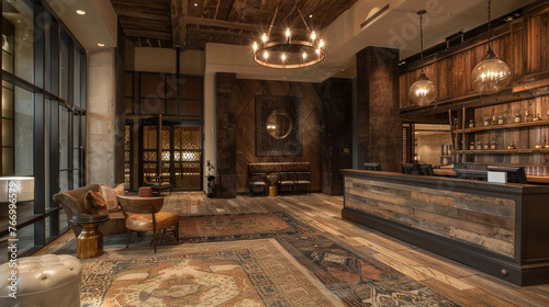 A lobby fusion of old-world charm and modern luxury, with a reception desk crafted from reclaimed wood and antique brass accents amidst contemporary elegance.