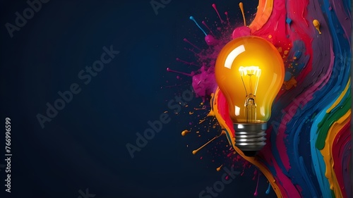 Colorful Creative idea concept with lightbulb made from colorful paint with dark blue background. Bright, original concept idea of a brilliant paint-filled lightbulb on a dark blue backdrop