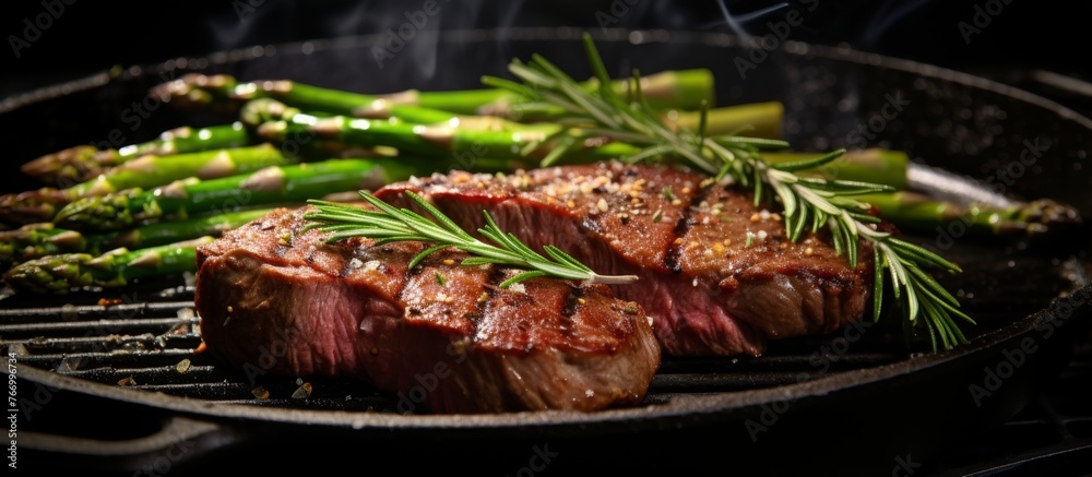 Beef steak and asparagus, both terrestrial plant ingredients, are sizzling on the grill, showcasing a delicious cuisine recipe for a mouthwatering meal
