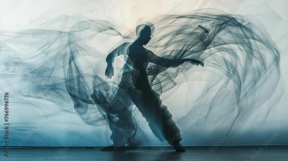Ethereal Silhouette of a Dancer in Graceful Motion with Flowing Fabric