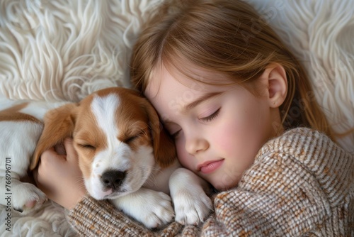 Serene child napping with puppy, warm and cozy nap time scene