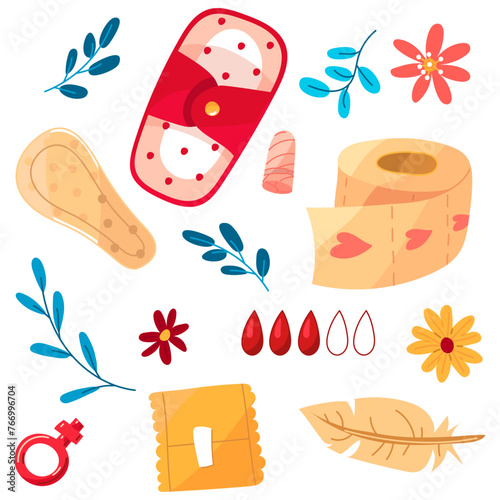 Set of paper, eco pad, pen, drop, female gender with flowers and branches. The concept of a woman's regular menstrual cycle. Menstrual period, premenstrual syndrome, vector illustration
